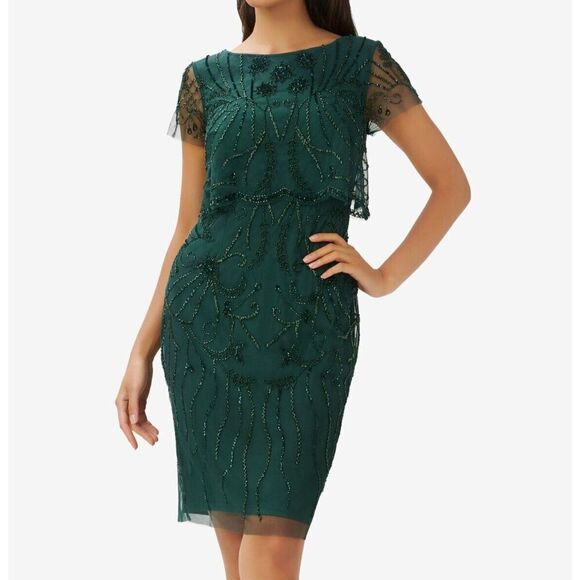 Adrianna Papell Women's Sz 6 Green Beaded Knee-Length Cocktail Party Dress - Picture 9 of 10